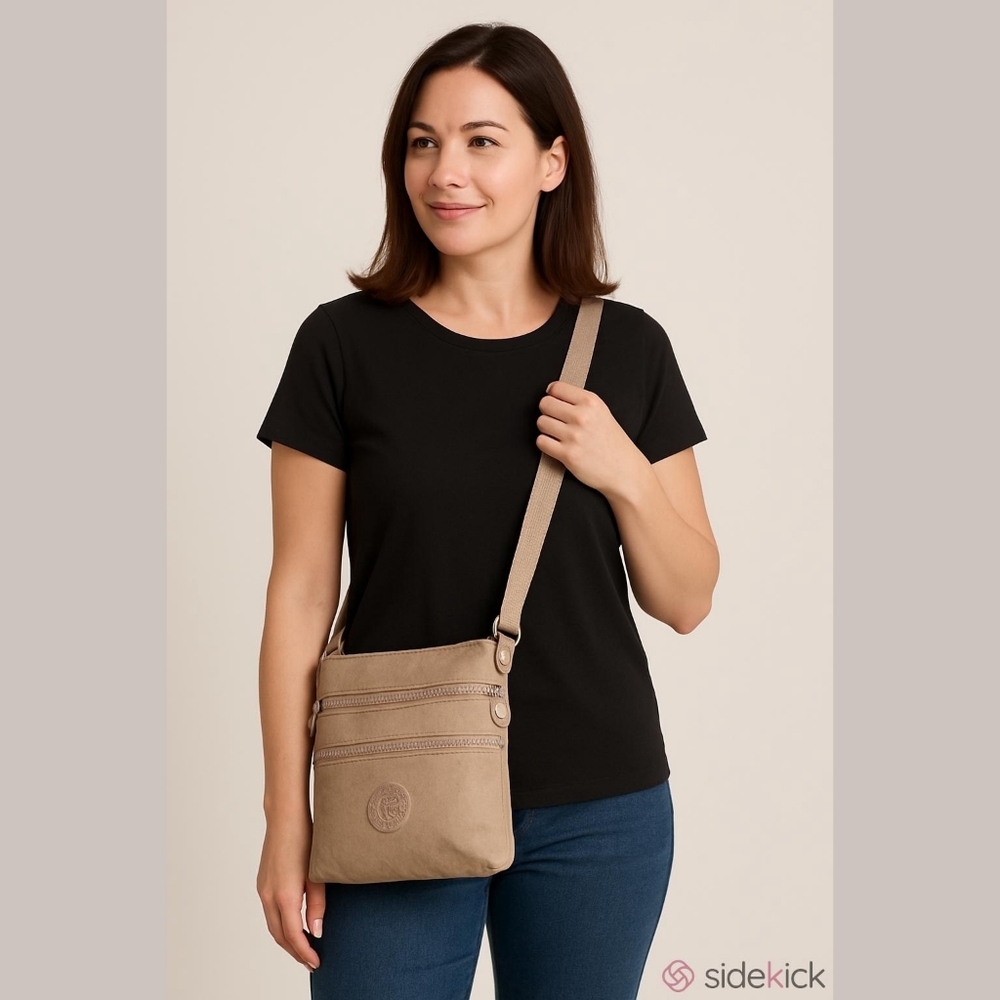 Kipling tan Beige Triple zipper crossbody bag purse handbag